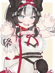  1girl animal_ears bibi_biscuit blue_eyes breasts brown_hair claw_pose cleavage cleavage_cutout clothing_cutout collar dog_ears dog_girl fangs hands_up highres large_breasts leash looking_at_viewer multicolored_hair open_mouth phase_connect red_collar simple_background solo upper_body virtual_youtuber white_hair yamzzity yellow_background 