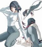  1girl animal_ears ass backless_outfit black_hair grey_eyes grey_pants jane_doe_(zenless_zone_zero) long_sleeves mouse_ears mouse_girl mouse_tail multicolored_hair pants prolatte red_hair red_nails sharp_tail shirt socks tail white_shirt white_socks yoga_pants zenless_zone_zero 