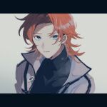  1boy absurdres black_sweater blue_eyes closed_mouth commentary_request curtained_hair highres jack_jeanne jacket letterboxed liio_oiil looking_at_viewer male_focus medium_hair oh_rama_havenna! open_clothes open_jacket orimaki_suzu simple_background solo sweater upper_body white_background white_jacket 