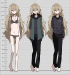 1girl absurdres aqua_eyes arm_behind_back barefoot black_bra black_panties black_pants blonde_hair bra breasts closed_mouth commentary_request grey_sweater height_chart highres jacket jewelry long_hair long_sleeves looking_at_viewer matsu_(kuraftea46) navel open_mouth original panties pants pendant skinny small_breasts smile sweater underwear variations very_long_hair 