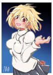  100_(gearr3x) 1girl :d absurdres antenna_hair arcueid_brunestud blonde_hair blue_background blue_skirt blush breasts commentary_request cowboy_shot fang gradient_background hair_between_eyes hand_up highres jewelry looking_at_viewer miniskirt necklace open_mouth plaid_clothes plaid_skirt red_eyes short_hair sidelocks single_hair_intake skin_fang skirt smile solo sweater tsukihime tsukihime_(remake) turtleneck turtleneck_sweater white_sweater 