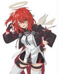  1girl ami_avisaru arknights black_gloves black_jacket breasts commentary_request detached_wings exusiai_(arknights) exusiai_the_new_covenant_(arknights) fingerless_gloves gloves halo highres jacket looking_at_viewer medium_hair one_side_up red_hair shirt simple_background smile solo thighhighs traditional_halo white_background white_thighhighs wings yellow_eyes 