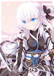  1girl binzume_suika black_gloves blue_eyes border closed_mouth coat commentary_request crossed_bangs eiyuu_densetsu falling_petals fingerless_gloves gloves hair_between_eyes half_updo highres holding holding_sheath holding_sword holding_weapon kuro_no_kiseki_(series) kuro_no_kiseki_i long_hair long_sleeves obi obijime ootachi open_clothes open_coat outside_border petals sash sheath shizuna_rem_misurugi smile solo sword tsurime upper_body v-shaped_eyebrows weapon white_border white_hair 
