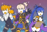  1girl 2boys alternate_costume aristocratic_clothes armor ben-day_dots black_armor black_gloves blue_hair bodystocking book breasts brown_eyes capelet collared_capelet commentary_request cosplay fire_emblem fire_emblem_fates flyer_27 gloves gold_cape gold_trim grey_hair hands_up high_ponytail hinata_(fire_emblem) hip_armor holding holding_book keaton_(fire_emblem) keaton_(fire_emblem)_(cosplay) leo_(fire_emblem_fates) leo_(fire_emblem_fates)_(cosplay) long_hair looking_at_viewer medium_breasts multiple_boys mystical_high_collar oboro_(fire_emblem) open_mouth ophelia_(fire_emblem) ophelia_(fire_emblem)_(cosplay) panties pectoral_cleavage pectorals ponytail screentones smile takumi_(fire_emblem) two-tone_legwear underwear yellow_panties 