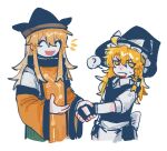 2girls ? ^_^ apron black_gloves black_hat black_skirt black_vest blonde_hair bow braid closed_eyes closed_mouth constellation_print detached_sleeves fang fang_out fingerless_gloves gloves green_skirt hair_bow handshake hat hat_bow highres kirisame_marisa l_fzxxxx long_hair long_sleeves matara_okina meme multiple_girls open_mouth orange_sleeves orange_tabard side_braid simple_background single_braid skirt smile spoken_question_mark sun_print tabard touhou vest waist_apron white_apron white_background white_bow wide_sleeves witch_hat yellow_eyes young_michael_scott_shaking_ed_truck's_hand_(meme) 