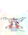  2girls absurdres artist_name bat_wings blonde_hair blue_hair brown_shoes closed_eyes collared_shirt commentary_request crystal_wings flandre_scarlet frilled_wrist_cuffs frills hat highres mob_cap multicolored_wings multiple_girls neckwear_request no_mouth pointy_ears puffy_sleeves red_skirt red_vest remilia_scarlet shirt shoes short_hair siblings sisters sitting skirt socks touhou twitter_username vest watermark white_hat white_shirt wings wrist_cuffs yxmhu6whbq1492 