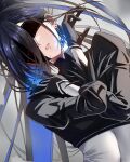  1girl 2b_(nier:automata) 2b_(nier:automata)_(cosplay) ayase_yuu ayase_yuu_(2nd_costume) black_gloves black_hair black_shirt blindfold blue_gem blue_hair blue_streaks bright_background colored_inner_hair commentary_request cosplay covered_eyes covered_navel cropped_shirt crossed_wrists double-parted_bangs ear_piercing earrings feather-trimmed_sleeves feathers gem gloves half_mask highres jewelry leaning_to_the_side leotard long_bangs long_hair mask maximum_pamyu multicolored_gloves multicolored_hair multiple_earrings nier:automata nier_(series) official_alternate_hairstyle parted_lips phase_connect piercing shirt spiked_ear_piercing streaked_hair teeth two-tone_gloves two-tone_hair upper_body variant_set very_long_hair virtual_youtuber white_gloves white_leotard 