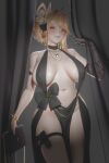  1girl arm_strap bag black_dress blender_(medium) blonde_hair blush bracelet breasts butterfly_hair_ornament cleavage commentary curtains dress elbow_gloves emma_(nikke) emma_(tactical_upgrade)_(secret_therapy)_(nikke) english_commentary evening_gown full_cleavage gloves goddess_of_victory:_nikke gold_jewelry hair_ornament halter_dress halterneck handbag highres jewelry large_breasts looking_at_viewer multi-strapped_panties necklace official_alternate_hairstyle panties plunging_neckline single_elbow_glove single_glove solo thigh_strap ucupumar underwear yellow_eyes 