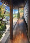  architecture blue_sky blurry blurry_foreground cloud commentary_request day east_asian_architecture highres no_humans nyantyubosi original outdoors pagoda pond scenery shouji sky sliding_doors tree veranda 