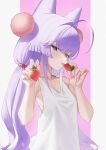  1girl absurdres ahoge bare_arms blue_eyes blush breasts carbonara_(user_jstu7878) commentary_request fingernails food from_side fruit green_scrunchie hair_intakes hair_ornament hair_scrunchie hands_up heterochromia highres holding holding_food holding_fruit korean_commentary licking_food looking_at_viewer looking_to_the_side low_twintails no_bra orange_eyes petite pink_background pom_pom_(clothes) pom_pom_hair_ornament red_scrunchie scrunchie sideways_glance small_breasts solo stellive strawberry tank_top tenko_shibuki twintails two-tone_background upper_body virtual_youtuber white_background white_tank_top 