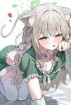  1girl all_fours alternate_costume animal_ear_fluff animal_ears arm_warmers blue_archive blush bow braid breasts cat_ears choker choppy_bangs cleavage commentary_request cropped_shirt flower_halo frills fur-trimmed_skirt fur_trim green_halo green_shirt green_skirt grey_hair hair_bow hair_intakes hair_ribbon halo heart highres large_breasts light_blush long_hair looking_at_viewer miyo_(blue_archive) paw_pose ribbon ribbon_in_braid shirt short_sleeves simple_background skirt solo thighhighs tongue tongue_out uzuraa white_arm_warmers white_background white_choker white_thighhighs yellow_eyes zettai_ryouiki 