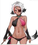  1girl arakiya_(re:zero) bare_shoulders bikini black_bikini black_gloves black_hair breasts closed_mouth collarbone commentary cowboy_shot dark-skinned_female dark_skin eyepatch fingerless_gloves gloves grey_hair halterneck highres holding holding_stick jewelry looking_at_viewer medium_breasts multicolored_hair navel one_eye_covered paint_chat_(medium) re:zero_kara_hajimeru_isekai_seikatsu red_eyes red_hair short_hair simple_background sling_bikini_top solo standing stick streaked_hair swimsuit tail two-tone_hair white_background white_hair xb9jj 