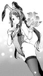  1girl animal_ear_hairband animal_ears ass bare_hips black_thighhighs bow bowtie breasts buttons collar commentary_request covered_navel crescent crescent_hair_ornament detached_collar earpiece exia_(hacker_rabbit)_(nikke) exia_(nikke) fake_animal_ears finger_to_cheek food-themed_hair_ornament food-themed_ornament fur-trimmed_wrist_cuffs fur_wrist_cuffs goddess_of_victory:_nikke gradient_background grey_hair greyscale hair_ornament hairband hairclip highleg highleg_leotard highres holding holding_tablet_pc holding_tray hologram leotard long_hair low_twintails monochrome multiple_hairclips oku_hideki playboy_bunny protocol_(nikke) rabbit_ear_hairband rabbit_ears rabbit_hair_ornament rabbit_tail see-through_clothes see-through_leotard shore skindentation small_breasts solo standing tablet_pc tail thighhighs thighs tray twintails waitress white_wrist_cuffs wrist_cuffs 