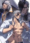  1boy abs absurdres bara bare_pectorals beard belt black_streaks blue_eyes blue_streaks chest_hair coat eye_mask facial_hair fatui_coat fur-trimmed_coat fur_trim genshin_impact hairy half_eye_mask highres large_pectorals long_hair long_sleeves looking_at_viewer looking_to_the_side male_focus mask material_growth mature_male multicolored_hair multiple_views muscular muscular_male navel nipples old old_man open_clothes pants pectorals pierro_(genshin_impact) rovrov shirt streaked_hair turtleneck unbuttoned unbuttoned_shirt white_beard white_hair white_pants white_shirt 