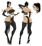  1girl absurdres arched_back arm_behind_back black_choker black_hair black_sclera black_thighhighs breasts choker colored_sclera detached_sleeves from_behind from_side fuin1080p full_body hand_on_own_hip high_heels high_ponytail highres horns leotard long_legs multiple_views obi original pelvic_curtain ponytail profile reference_sheet sash standing thighhighs toned toned_female white_background yellow_eyes 