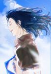  1girl amano_maya black_hair blurry blurry_foreground closed_eyes cloud cloudy_sky collared_jacket commentary de678997 facing_away floating_hair floating_neckwear from_side jacket leaning_forward lipstick makeup medium_hair multicolored_jacket necktie open_collar parted_lips persona persona_2 profile purple_necktie red_lips simple_background sky smile teeth upper_body upper_teeth_only 