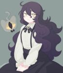 absurdres black_bow black_bowtie black_hair bow bowtie closed_mouth commentary green_background grey_shirt grimmi_(1st_costume)_(vtuber) grimmi_(vtuber) hair_between_eyes henemimi highres indie_virtual_youtuber long_hair long_skirt long_sleeves looking_at_viewer one-eyed pale_skin ringed_eyes shirt skelter_(grimmivt) skirt suspender_skirt suspenders virtual_youtuber yellow_eyes 