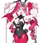  1girl absurdres animal_ears baobhan_sith_(fate) baobhan_sith_(halloween_2026)_(fate) black_leotard blush breast_tattoo breasts broom claw_pose commentary demon_wings earrings fake_animal_ears fangs fate/grand_order fate_(series) fishnet_pantyhose fishnets gloves grey_eyes highres holding holding_broom jewelry leotard long_hair looking_at_viewer open_mouth pantyhose pink_hair playboy_bunny pointy_ears rabbit_ears red_gloves red_pantyhose secho_heart smile solo tattoo twintails wings 