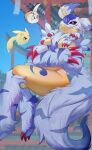  1girl arms_under_breasts black_sclera blue_fur body_fur breasts closed_mouth colored_sclera commentary crossed_arms crossed_legs digimon digimon_(creature) english_commentary fang furry furry_female gabumon highres looking_at_viewer medium_breasts pkbunny pokomon_(digimon) red_eyes smile tunomon yellow_fur 