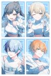  2boys 2girls absurdres aoyagi_touya azusawa_kohane black_hair blonde_hair blue_eyes blue_hair border closed_mouth commentary competitive_fire!_(project_sekai) green_eyes highres holding holding_microphone looking_at_viewer microphone mole mole_under_eye multiple_boys multiple_girls official_alternate_costume official_alternate_hairstyle one_eye_closed open_mouth parted_lips ponytail project_sekai shinonome_akito shiraishi_an shirt sleeveless sleeveless_shirt smile sora_(men0105) tongue tongue_out twintails vivid_bad_squad_(project_sekai) white_border yellow_eyes 