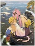  1boy 1girl absurdres ahoge animal_ear_fluff animal_ears backless_dress backless_outfit black_bow black_thighhighs blonde_hair blurry blurry_foreground border bow cat_ears cat_girl cat_tail closed_eyes closed_mouth commentary day detached_sleeves dotr_art dress east-west_crossover final_fantasy final_fantasy_x floral_print floral_print_sash forehead-to-forehead hair_bow heads_together highres hood hood_down japanese_clothes long_hair nyatasha_nyanners obi outdoors partially_submerged pectorals pink_hair pink_tail plant print_sash purple_dress river rock sash seiza shore short_dress short_hair sitting sleeveless sleeveless_dress tail tail_bow tail_ornament thighhighs tidus twintails two-tone_dress untranslatable_commentary virtual_youtuber vshojo wariza water white_border white_dress wide_sleeves yellow_sash 