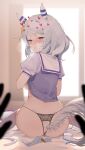  1boy 1girl animal_ears ass backboob bed black_thong blue_eyes blush breasts condom condom_wrapper grey_hair heart highres hishi_miracle_(umamusume) horse_ears horse_girl horse_tail large_breasts looking_back medium_hair o-ring o-ring_bottom o-ring_panties panties pleated_skirt pov puffy_short_sleeves puffy_sleeves purple_shirt sailor_collar school_uniform shirt short_sleeves sitting skirt solo_focus sweat tail thong thong_panties tracen_school_uniform umamusume underwear unworn_skirt uta_(xuyansong1996) white_sailor_collar white_skirt 