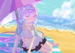  1girl absurdres barefoot beach beach_mat beach_umbrella bikini blue_eyes blue_jacket breasts commentary_request elysia_(honkai_impact) elysia_(miss_pink_elf)_(honkai_impact) elysia_(summer_miss_elf)_(honkai_impact) feet g1ngan0mob hairband highres honkai_(series) honkai_impact_3rd jacket long_hair looking_at_viewer medium_breasts ocean official_alternate_costume pink_hair skirt solo swimsuit toes umbrella very_long_hair white_bikini white_hairband white_skirt 