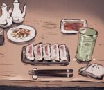  chopsticks commentary_request cup drinking_glass dumpling food highres ice ice_cube jun_(navigavi) no_humans original plate saucer sketch still_life table 