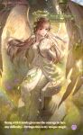  1girl angel angel_wings animal_on_shoulder artist_request bare_shoulders bead_necklace beads bird bird_on_shoulder brown_hair carving_by_sunlight_(shining_nikki) cersei_(shining_nikki) character_name clenched_hand commentary copyright_logo cracked_skin day designer's_reflection_(shining_nikki) dove dress english_commentary english_text feathered_wings flower full_body grass greco-roman_clothes hair_ornament halo happy highres jewelry leaf_hair_ornament light_particles lipstick logo long_hair long_sidelocks looking_at_animal makeup necklace nikki_(series) official_art outdoors parted_lips pedestal pillar plant purple_flower red_eyes red_lips second-party_source shining_nikki sidelocks sitting smile solo sparkle strapless strapless_dress very_long_hair vines white_dress white_wings wings 