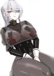  1girl ak-15_(girls'_frontline) bodystocking breasts corset cosplay girls'_frontline girls'_frontline_2:_exilium grey_hair hair_over_one_eye kneeling lace long_hair looking_at_viewer millsol no_pants see-through_clothes sextans_(girls'_frontline_2) sextans_(nocte_bewitchment)_(girls'_frontline_2) voymastina_(girls'_frontline_2) wrist_cuffs 