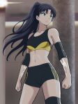  1girl absurdres bare_shoulders black_bra black_hair black_shorts black_sleeves black_sports_bra blue_eyes bra breasts clenched_hands collarbone commentary cowboy_shot elbow_sleeve fate/stay_night fate/unlimited_blade_works fate_(series) frown high_ponytail highres indoors long_hair looking_to_the_side macqueen7777 magic_circuit medium_breasts narrow_waist navel parted_bangs pillar ponytail shorts solo sports_bra stomach stone_pillar striped_clothes striped_shorts thighs tohsaka_rin two-tone_bra two-tone_sports_bra underwear upper_body vertical-striped_clothes vertical-striped_shorts very_long_hair yellow_bra yellow_sports_bra 