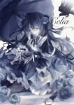  1girl absurdres arcaea arm_cutout artist_name bib_collar bird black_bow black_bowtie black_capelet black_dress black_flower black_hair black_pantyhose black_rose black_umbrella blue_corset blue_eyes blue_flower blue_rose bow bow_flower bowtie capelet celia. closed_mouth clothing_cutout collar commentary corset crow dress dress_bow flower frilled_capelet frilled_collar frilled_sleeves frilled_umbrella frills full_body hair_between_eyes hair_flower hair_ornament hair_ribbon highres holding holding_flower long_hair long_sleeves looking_at_viewer pantyhose pleated_capelet ribbon rose seiza signature sitting solo tairitsu_(arcaea) tairitsu_(grievous_lady)_(arcaea) umbrella white_background 