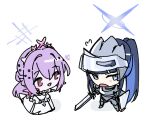  2girls alternate_costume atsuko_(blue_archive) black_hair blue_archive blue_eyes blue_hair blue_halo chibi colored_inner_hair commentary_request dress flying_sweatdrops from_above full_body halo holding holding_shield holding_sword holding_weapon i211 knight looking_to_the_side multicolored_hair multiple_girls open_mouth ponytail purple_hair red_eyes saori_(blue_archive) shield simple_background sword two-tone_hair weapon white_background white_dress white_halo yuri 