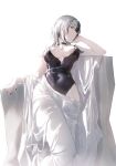  1girl absurdres black_choker black_hair black_leotard breasts choker cleavage closed_mouth commentary covered_navel english_commentary facing_to_the_side grey_hair hand_up highres hololive hololive_english kurochanai large_breasts leaning_back leotard long_hair looking_at_viewer multicolored_hair shiori_novella sideways_glance simple_background solo split-color_hair straight-on virtual_youtuber white_background yellow_eyes 