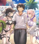  1boy 2girls bare_shoulders baseball_cap bikini black_bikini black_hair black_hands black_hat breast_press breasts colored_extremities colored_inner_hair commentary_request demon_girl demon_horns fate/grand_order fate_(series) flower fujimaru_ritsuka_(male) fujimaru_ritsuka_(male)_(summer_street) girl_sandwich grey_hair hair_flower hair_intakes hair_ornament hair_over_one_eye hat holding_another's_arm hood hoodie horns jacket lilith_(fate) lilith_(swimsuit_rider)_(first_ascension)_(fate) long_hair long_sleeves mash_kyrielight mash_kyrielight_(swimsuit_of_perpetual_summer_ver.03) multicolored_hair multiple_girls navel open_mouth pants pink_hair ponytail purple_bikini purple_eyes purple_hair ribbon sandwiched see-through_clothes see-through_shrug shirt shoori_(migiha) short_hair short_ponytail shrug_(clothing) skirt swimsuit white_hoodie white_shrug white_skirt zipper_bikini 