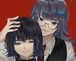  2boys absurdres black_hair character_request commentary crying crying_with_eyes_open gakuran glasses green_eyes hand_on_another's_head highres jack_jeanne looking_at_viewer male_focus multiple_boys neji_kokuto open_mouth school_uniform semi-rimless_eyewear tears tnkatuyoshi_00 under-rim_eyewear yellow-framed_eyewear 