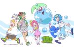  1boy 3girls ^_^ arm_up arms_up blonde_hair blue_eyes blue_hair blue_pants blue_sandals blush blush_stickers bow brown_shorts bubble charjabug child clenched_hands closed_eyes collared_shirt commentary_request dress dust eyelashes flower full_body green_eyes green_hair green_headband green_shoes grey_overalls hair_bow hair_flower hair_ornament hairband headband highres holding holding_pokemon in-franchise_crossover index_finger_raised lana_(pokemon) long_hair loose_socks mallow_(pokemon) margo_(pokemon) midair multiple_girls no_sclera official_artist_extra open_mouth overall_shorts overalls pants pink_dress pink_flower pink_hair pink_shirt pink_shoes pokemon pokemon_(anime) pokemon_(creature) pokemon_the_movie:_the_power_of_us pokemon_the_series:_sun_&amp;_moon popplio purple_eyes sandals shirt shoes short_hair short_sleeves shorts sleeveless sleeveless_shirt smile socks sophocles_(pokemon) teeth toes togedemaru twintails upper_teeth_only white_background white_shirt white_socks yasuda_shuuhei yellow_bow yellow_hairband 