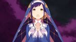  1girl :o ahoge blue_dress blue_hair brown_eyes chain cloud dress highres interlocked_fingers long_hair long_sleeves looking_up melty_pristis night nun official_art ootsuka_shin'ichirou open_mouth own_hands_clasped own_hands_together praying purple_hair purple_sky re:zero_kara_hajimeru_isekai_seikatsu sky solo third-party_source traditional_nun twintails upper_body veil yellow_eyes 