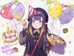  1girl :p absurdres ani_019 bag balloon beret black_dress black_hat center-flap_bangs character_balloon collared_shirt commentary contrast_collar dress english_commentary gradient_hair handbag happy_birthday hat heart_balloon highres holding holding_paint_palette holding_paintbrush hololive hololive_english long_hair long_sleeves mole mole_under_eye multicolored_hair ninomae_ina'nis ninomae_ina'nis_(casual) official_alternate_costume orange_hair paint_palette paintbrush pinafore_dress pink_bag pinstripe_pattern pinstripe_shirt pointy_ears puffy_long_sleeves puffy_sleeves purple_eyes purple_hair shirt sidelocks sleeveless sleeveless_dress solo straight_hair takodachi_(ninomae_ina'nis) tentacle_hair tongue tongue_out very_long_hair virtual_youtuber 