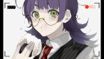  1boy :t absurdres battery_indicator black_vest blunt_bangs closed_mouth collared_shirt commentary eating food food_on_face glasses green_eyes highres holding holding_food jack_jeanne long_hair looking_at_viewer male_focus necktie neji_kokuto onigiri pinstripe_pattern pinstripe_vest puffy_cheeks purple_hair recording red_necktie school_uniform semi-rimless_eyewear shirt solo sound_effects tnkatuyoshi_00 under-rim_eyewear vest viewfinder white_shirt yellow-framed_eyewear 