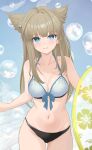  1girl absurdres animal_ears arknights arknights:_endfield ass_visible_through_thighs bare_shoulders bikini blue_eyes blush breasts bubble cleavage collarbone commentary_request covered_nipples cowboy_shot front-tie_bikini_top front-tie_top futatunoniji grey_hair groin highres large_breasts long_hair looking_at_viewer navel perlica_(arknights) skindentation smile solo swimsuit yellow_pupils 