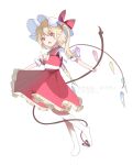  1girl ascot blonde_hair collared_vest commentary_request crystal_wings flandre_scarlet frilled_skirt frilled_sleeves frills from_side full_body hat highres holding laevatein_(touhou) looking_at_viewer mob_cap multicolored_wings no_shoes open_mouth pointy_ears puffy_short_sleeves puffy_sleeves red_eyes red_skirt red_vest shirt short_sleeves signature skirt solo teeth touhou upper_teeth_only vest watermark white_hat white_shirt wings yellow_ascot yxmhu6whbq1492 