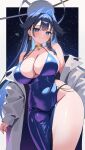  1girl absurdres animal_ears blue_dress blue_eyes blue_hair breasts center-flap_bangs cleavage closed_mouth colored_inner_hair commentary covered_navel double-parted_bangs dress english_commentary hair_flaps hair_intakes halo halterneck highres hololive hololive_english jacket large_breasts long_hair mechanical_halo multicolored_hair o-rindou5100 off_shoulder ouro_kronii panty_straps side_slit sidelocks sleeveless sleeveless_dress smile solo very_long_hair virtual_youtuber white_jacket 