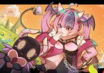  1girl absurdres ahoge demon_girl demon_horns demon_wings fang hair_ornament head_wings heart heart_ahoge heart_hair_ornament heterochromia highres horns indie_virtual_youtuber ironmouse ironmouse_(15th_costume) jacket long_hair multicolored_hair multiple_wings orange_sky pink_hair pink_jacket pointy_ears purple_eyes purple_hair purple_streaks red_eyes skin_fang skirt sky streaked_hair tabaji twintails virtual_youtuber white_horns wings 