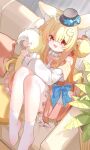  1girl :d absurdres animal_ear_fluff animal_ears black_hat blonde_hair blue_bow blunt_bangs bow collarbone commentary couch double-parted_bangs double_bun fang fox_ears fox_girl fox_tail frilled_skirt frills full_body hair_between_eyes hair_bun hat hat_bow highres knees_up long_hair long_sleeves ningmeng_jing_jing_jing_jing off-shoulder_shirt off_shoulder on_couch open_mouth orange_skirt original plaid_clothes plaid_skirt red_eyes shirt sitting skirt smile socks solo tail white_shirt white_socks 