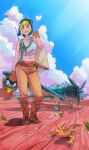  1girl aircraft airplane bag blonde_hair blue_eyes blue_hair blue_sky brown_pants brown_shoes cloud commentary_request cropped_shirt hat helmet highres holding holding_bag holding_unworn_helmet lizard looking_at_viewer midriff multicolored_hair open_mouth original pants sarad_udon shirt shoes sky solo teeth two-tone_hair unworn_headwear unworn_helmet upper_teeth_only 