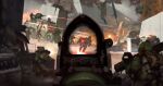  6+boys aiming armored_vehicle astra_militarum backpack bag blood_pact_(warhammer_40k) cadian_shock_troops caution_stripes combat_helmet concept_art concrete crosshair eddygonzlezdvila energy_weapon firing gun heavy_machine_gun helmet highres laser laser_pointer_projection lasgun machine_gun military_uniform motor_vehicle multiple_boys muzzle_flash pov radio_antenna reflex_sight rocket_launcher scarf science_fiction sparks viewer_holding_weapon war warhammer_40k weapon 