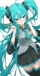  1girl absurdres ahoge bare_shoulders black_boots black_skirt black_sleeves blue_eyes blue_hair blue_nails blue_necktie blush boots breasts closed_mouth collared_shirt commentary cowboy_shot detached_sleeves fingernails floating_neckwear grey_shirt hair_between_eyes hair_ornament hands_up hatsune_miku highres holding_own_hair long_hair long_sleeves looking_at_viewer medium_breasts miniskirt monthyy12 nail_polish necktie pleated_skirt shirt shy simple_background skirt sleeveless sleeveless_shirt solo standing thigh_boots thighs tie_clip twintails untranslatable_commentary very_long_hair vocaloid wavy_hair white_background wide_sleeves zettai_ryouiki 