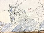  absurdres char's_counterattack char's_counterattack_-_beltorchika's_children colored_pencil_(medium) commentary dated graphite_(medium) grey_background gundam hi-nu_gundam highres mecha mecha_focus mobile_suit no_humans portrait robot science_fiction signature solo traditional_media upper_body v-fin yellow_eyes zzz_sakaz 
