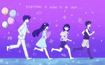  1girl 3boys antenna_hair aubrey_(headspace)_(omori) aubrey_(omori) balloon barefoot black_eyes black_hair black_tank_top black_thighhighs blue_shirt blush bow brothers checkered_clothes closed_eyes collared_pajamas colored_skin commentary english_text grin gum_omori hair_bow hero_(headspace)_(omori) hero_(omori) highres holding holding_balloon holding_stuffed_toy kel_(headspace)_(omori) kel_(omori) long_hair long_shirt long_sleeves looking_at_another mr._plantegg_(omori) multiple_boys omori omori_(omori) open_mouth pajamas pants pink_bow purple_hair purple_shorts shirt short_hair short_sleeves shorts siblings smile striped_clothes striped_pajamas striped_pants striped_shorts stuffed_eggplant stuffed_toy t-shirt tank_top teeth thighhighs vertical-striped_clothes vertical-striped_pajamas vertical-striped_pants vertical-striped_shorts white_pajamas white_pants white_shorts white_skin 